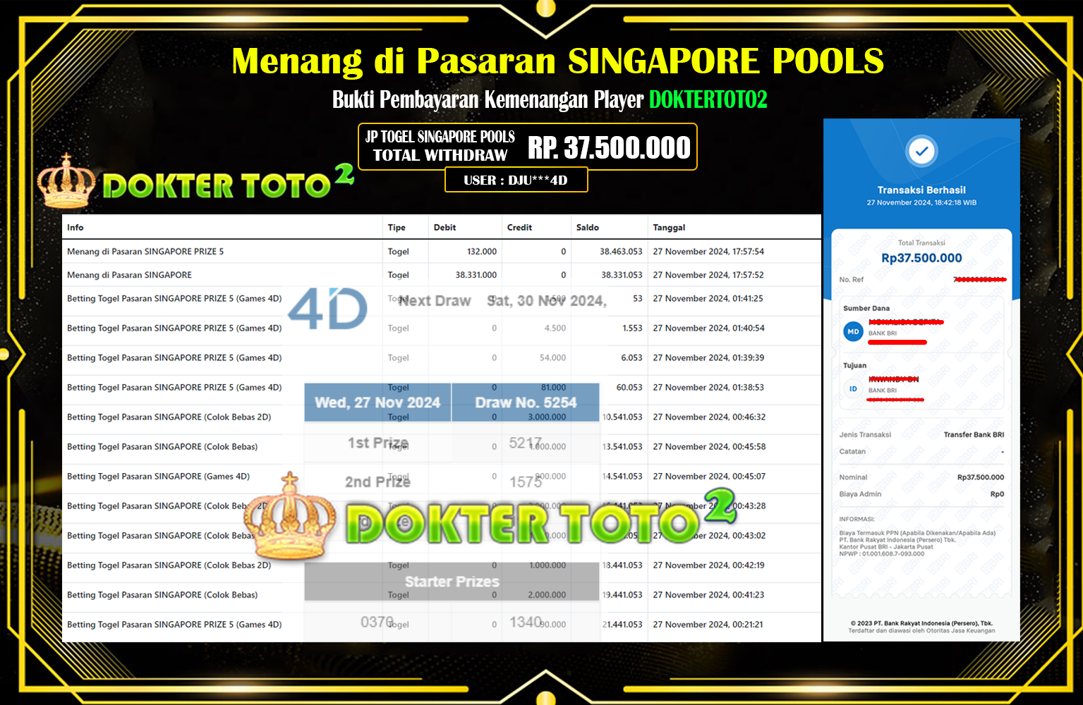 DOKTERTOTO2 JACKPOT SINGAPORE POOLS  Rp.37.500.000,- LUNAS