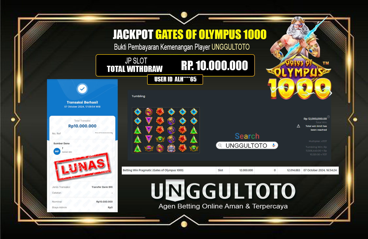 ??? UNGGULTOTO JACKPOT (Gates of Olympus 1000) Rp.10.000.000,- LUNAS ⏪⏪⏪