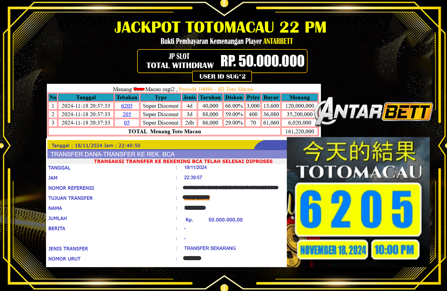 ANTARBETT JACKPOT TOTOMACAU 22 PM  Rp.50.000.000,- LUNAS