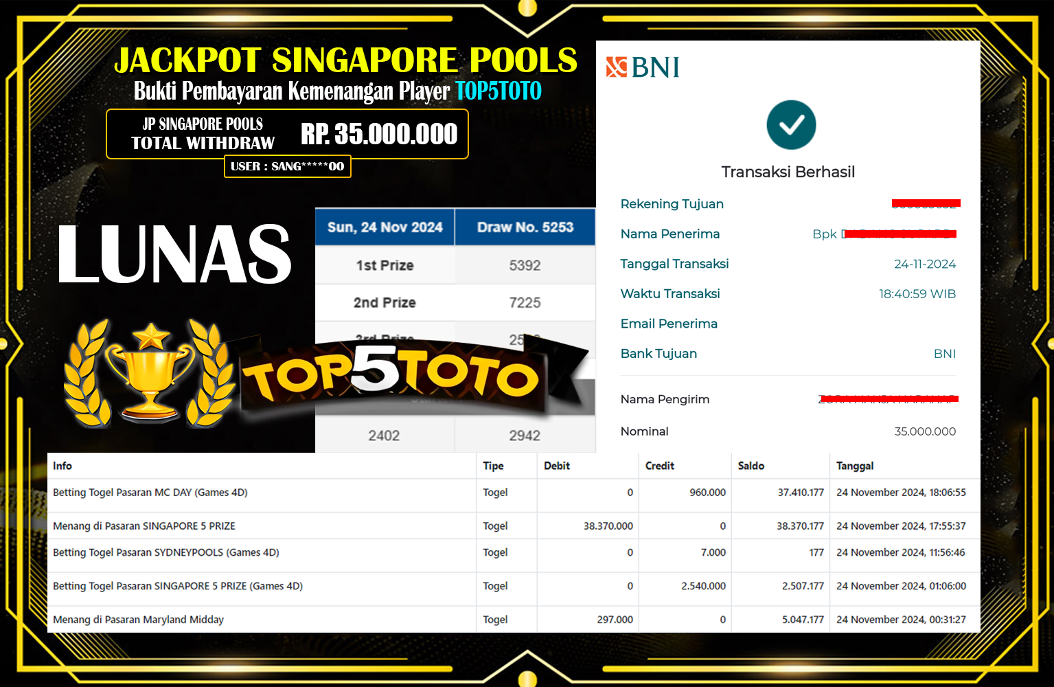 TOP5TOTO JACKPOT SINGAPORE POOLS  Rp.35.000.000,- LUNAS