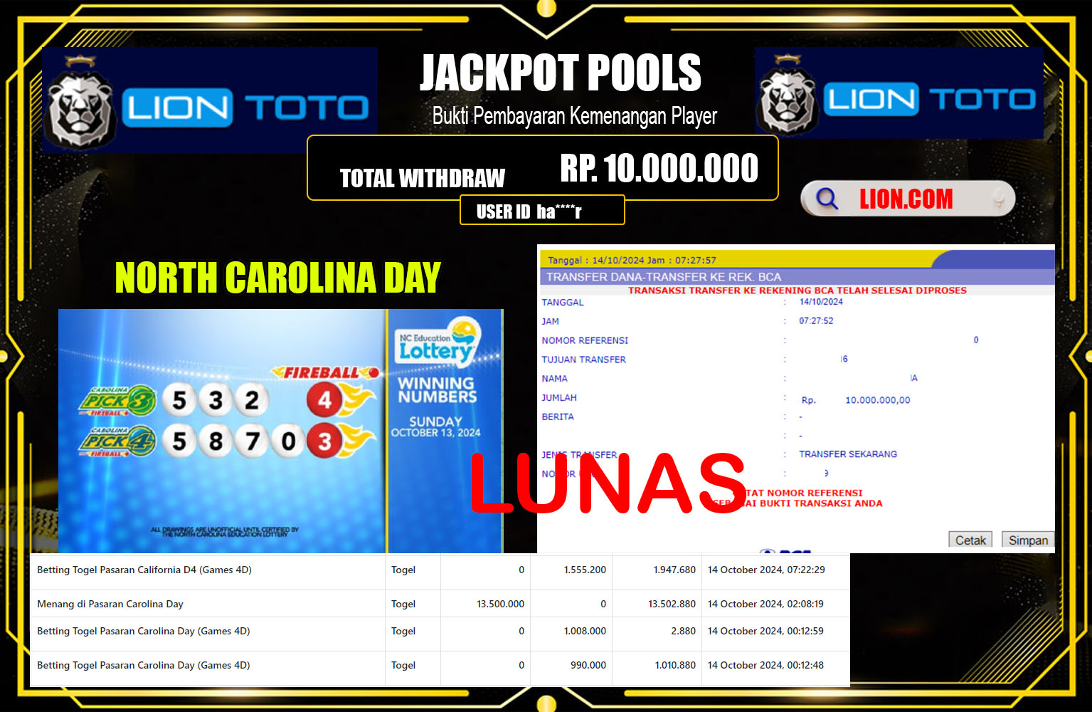 ??? LIONTOTO  JACKPOT POOLS NORTH CAROLINA DAY   Rp.10.000.000,- LUNAS ⏪⏪⏪