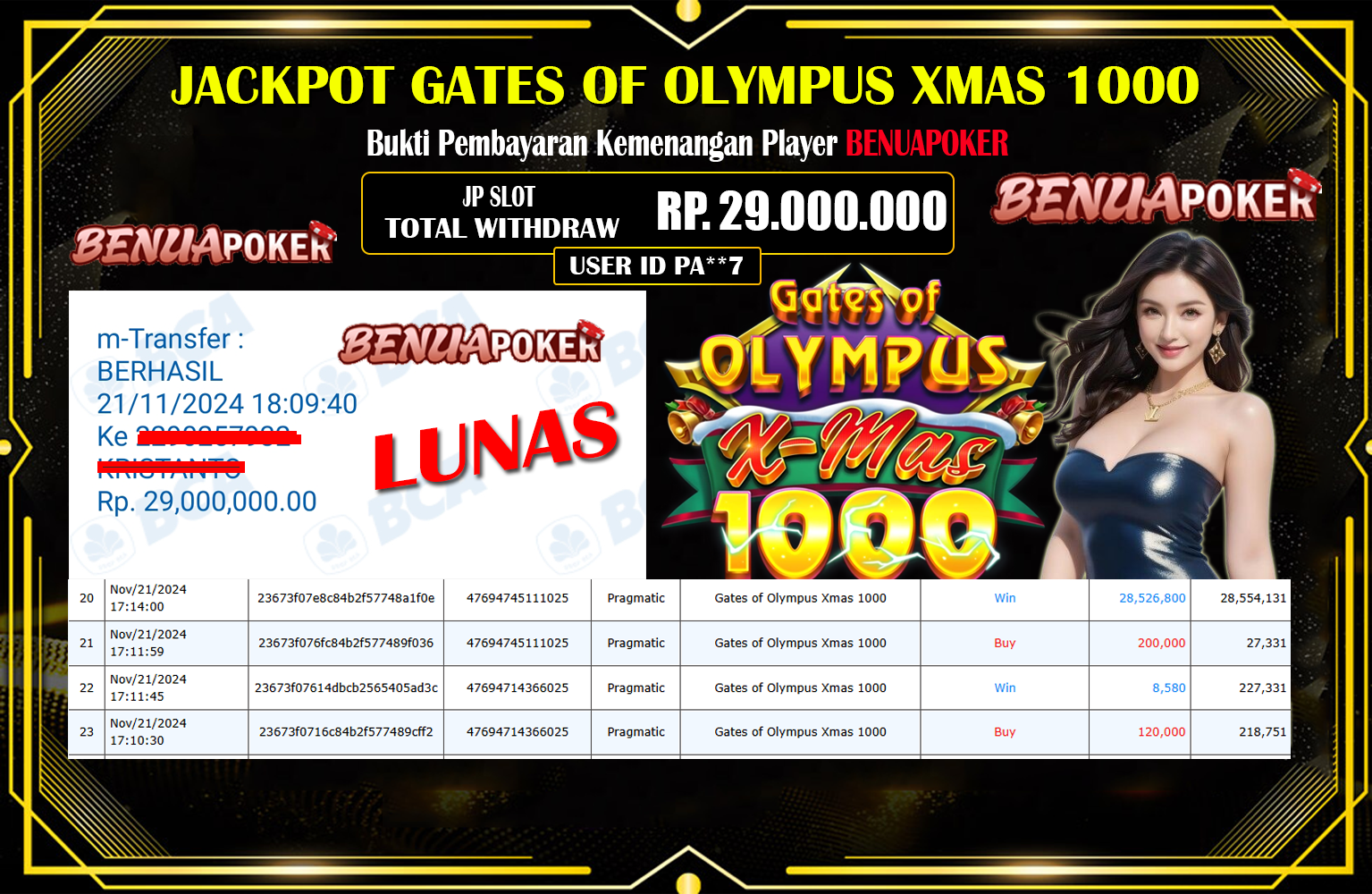 BENUAPOKER JACKPOT GATES OF OLYMPUS XMAS 1000  Rp.29.000.000,- LUNAS