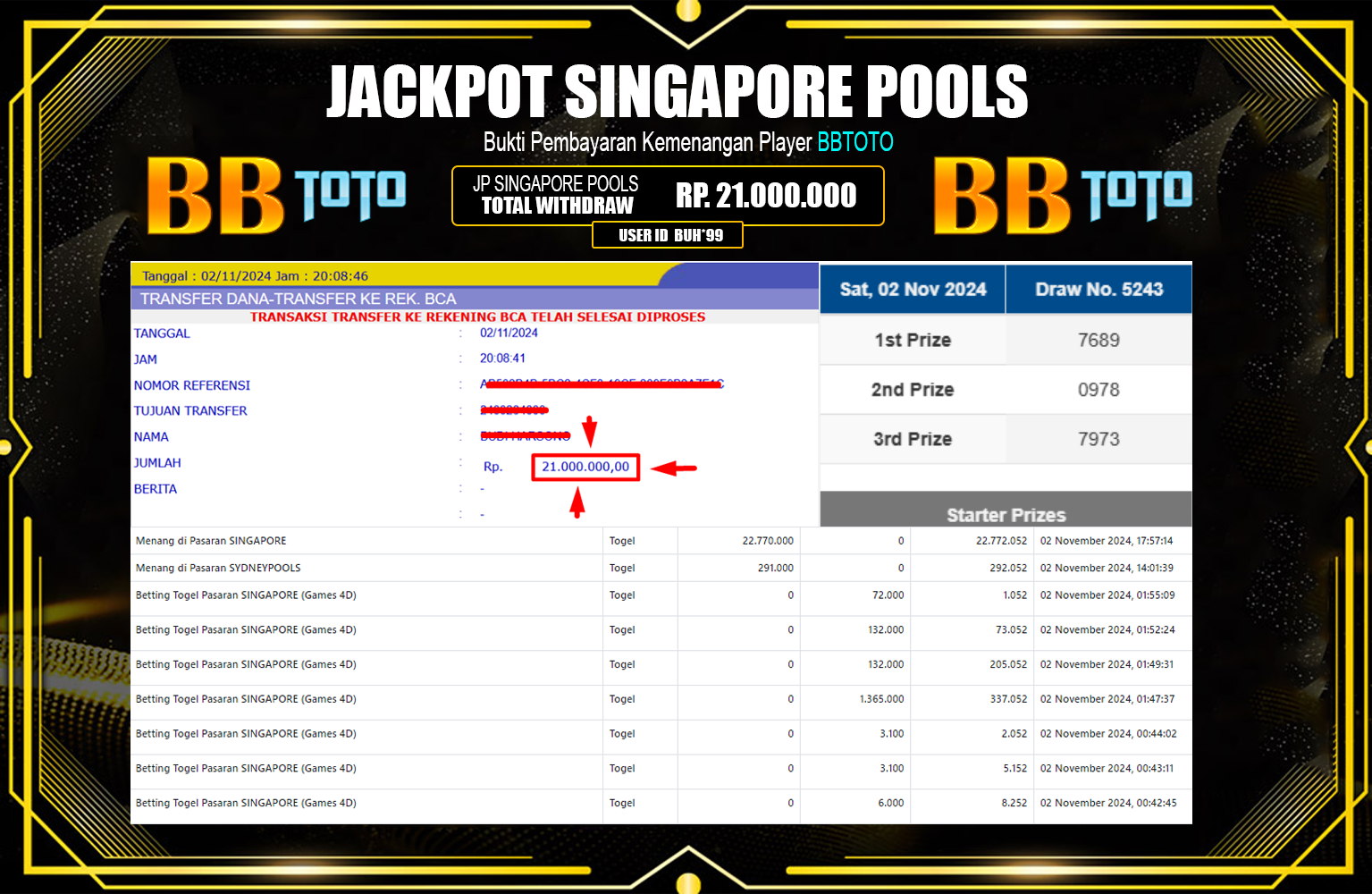 BBTOTO JACKPOT SINGAPORE POOLS  Rp.20.000.000,- LUNAS