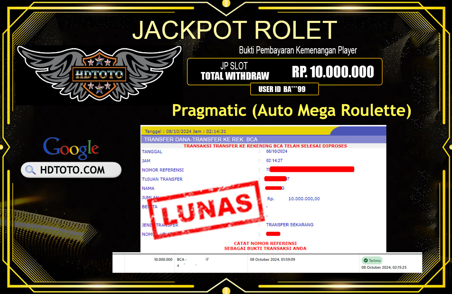 HDTOTO  JACKPOT ROLET Pragmatic (Auto Mega Roulette)  Rp.10.000.000.,- LUNAS