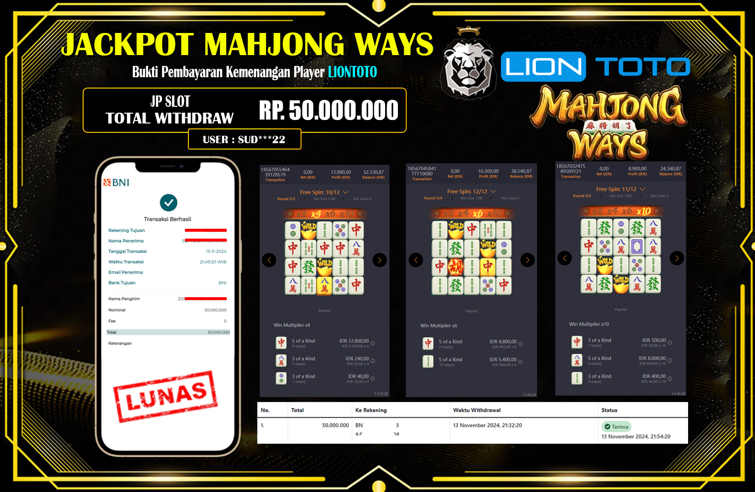 LIONTOTO JACKPOT MAHJONG WAYS  Rp.50.000.000,- LUNAS