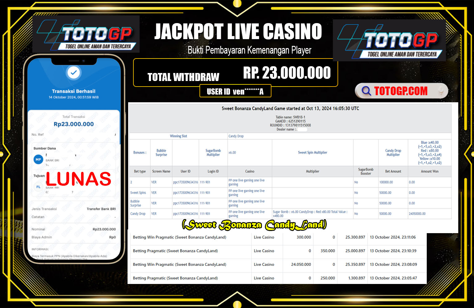 ??? TOTOGP JACKPOT Pragmatic (Sweet Bonanza CandyLand) Rp.23.000.000,- LUNAS ⏪⏪⏪	