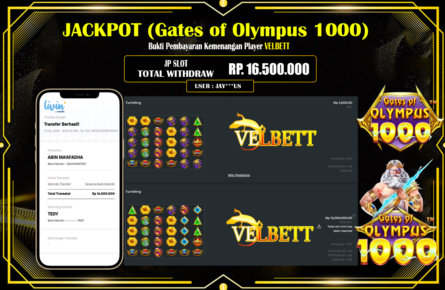 VELBETT JACKPOT GATES OF OLYMPUS 1000  Rp.16.500.000,- LUNAS