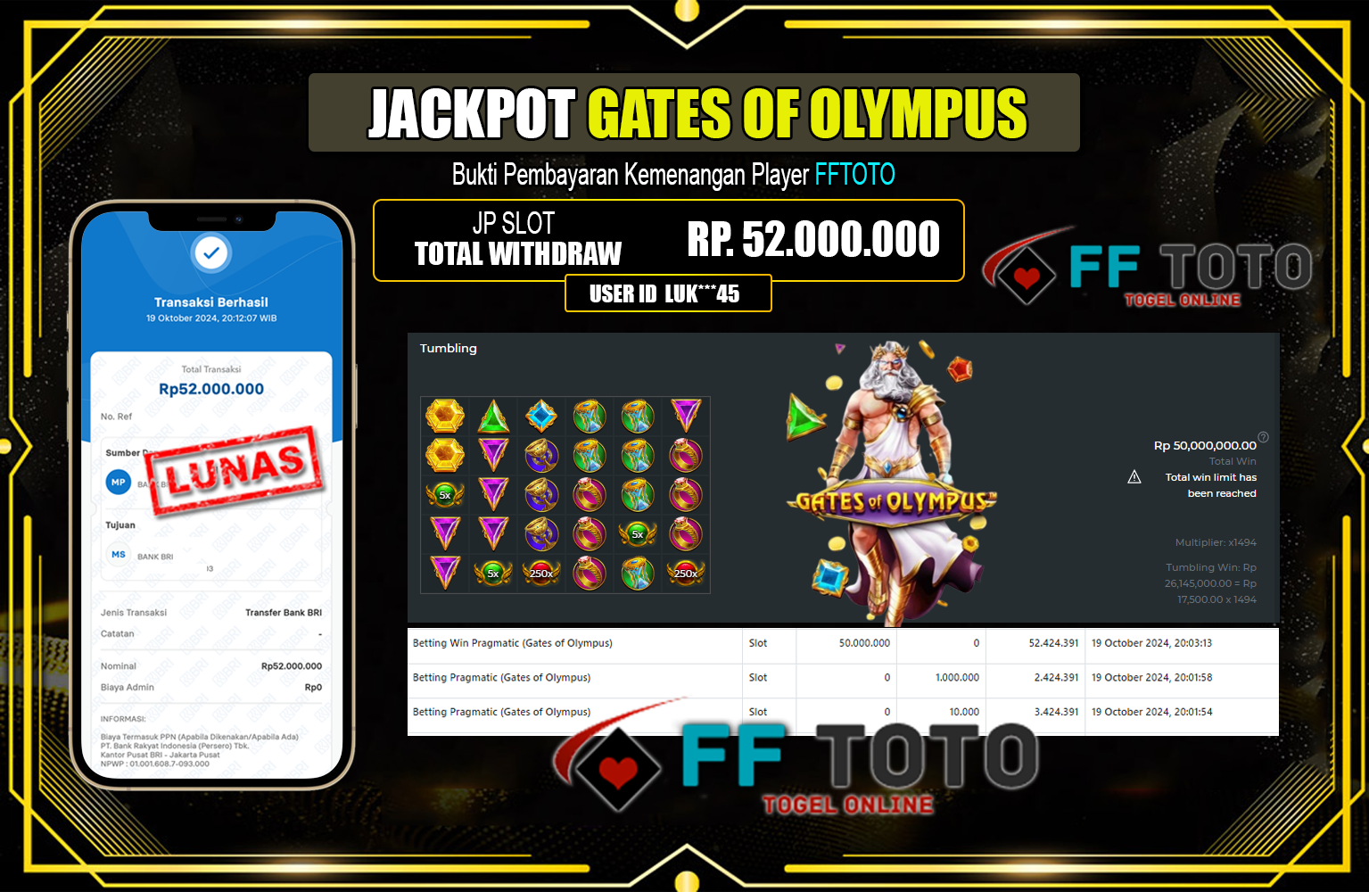 ??? FFTOTO JACKPOT GATES OF OLYMPUS  Rp.52.000.000,- LUNAS ⏪⏪⏪