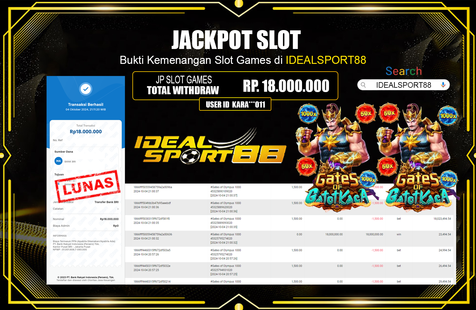 ???IDEALSPORT88 JACKPOT GATE OF OLYMPUS 1000 Rp.18.000.000,- LUNAS ⏪⏪⏪