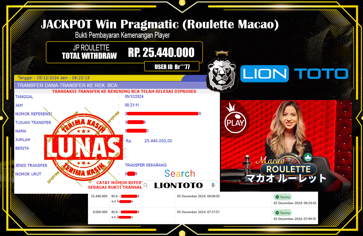 LIONTOTO JACKPOT ROULETTE MACAO Rp.25.440.000,- LUNAS