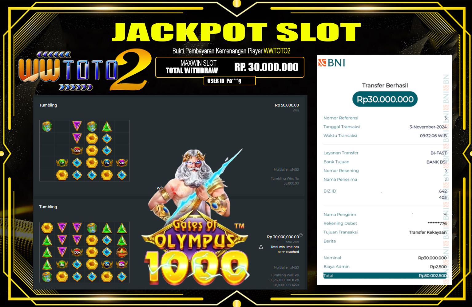 WWTOTO2 JACKPOT GATES OF OLYMPUS 1000  Rp.30.000.000,- LUNAS