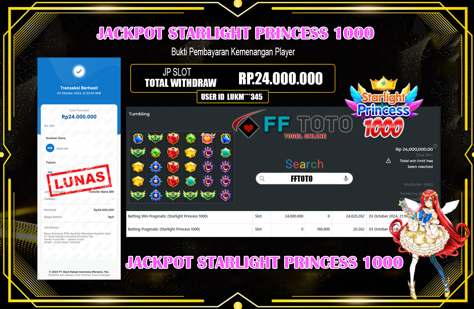 ??? FFTOTO JACKPOT STARLIGHT PRINCESS 1000  Rp.24.000.000,- LUNAS ⏪⏪⏪