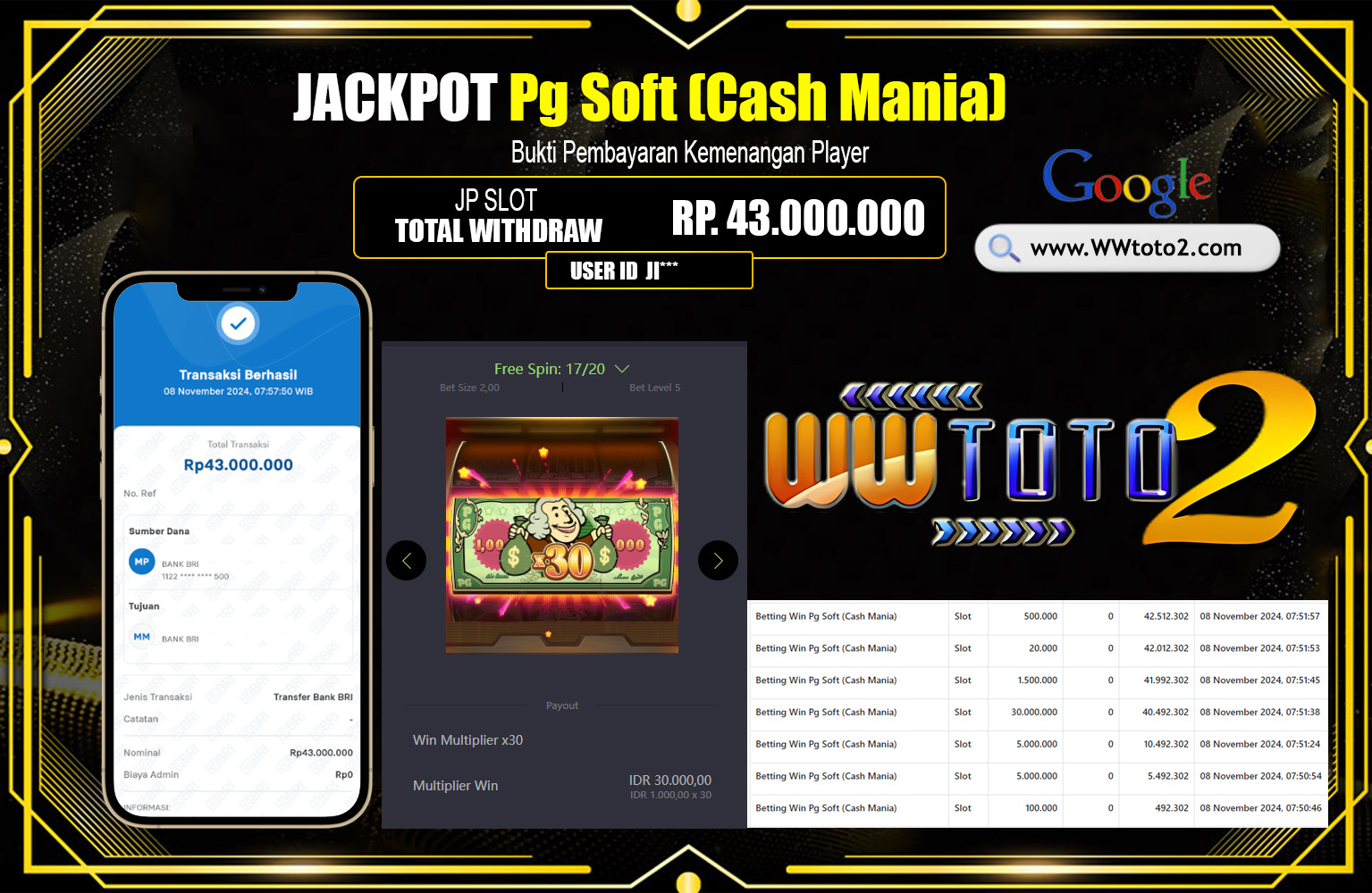 WWTOTO2 JACKPOT CASH MANIA  Rp.43.000.000,- LUNAS