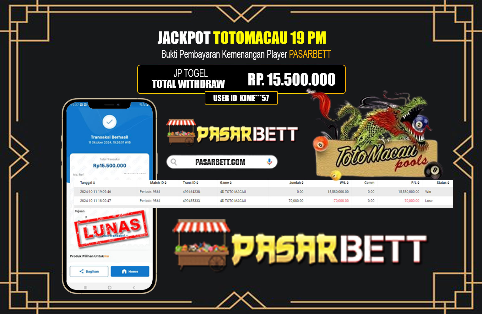 ??? PASARBETT JACKPOT TOTOMACAU 19 PM Rp.15.500.000,- LUNAS ⏪⏪⏪