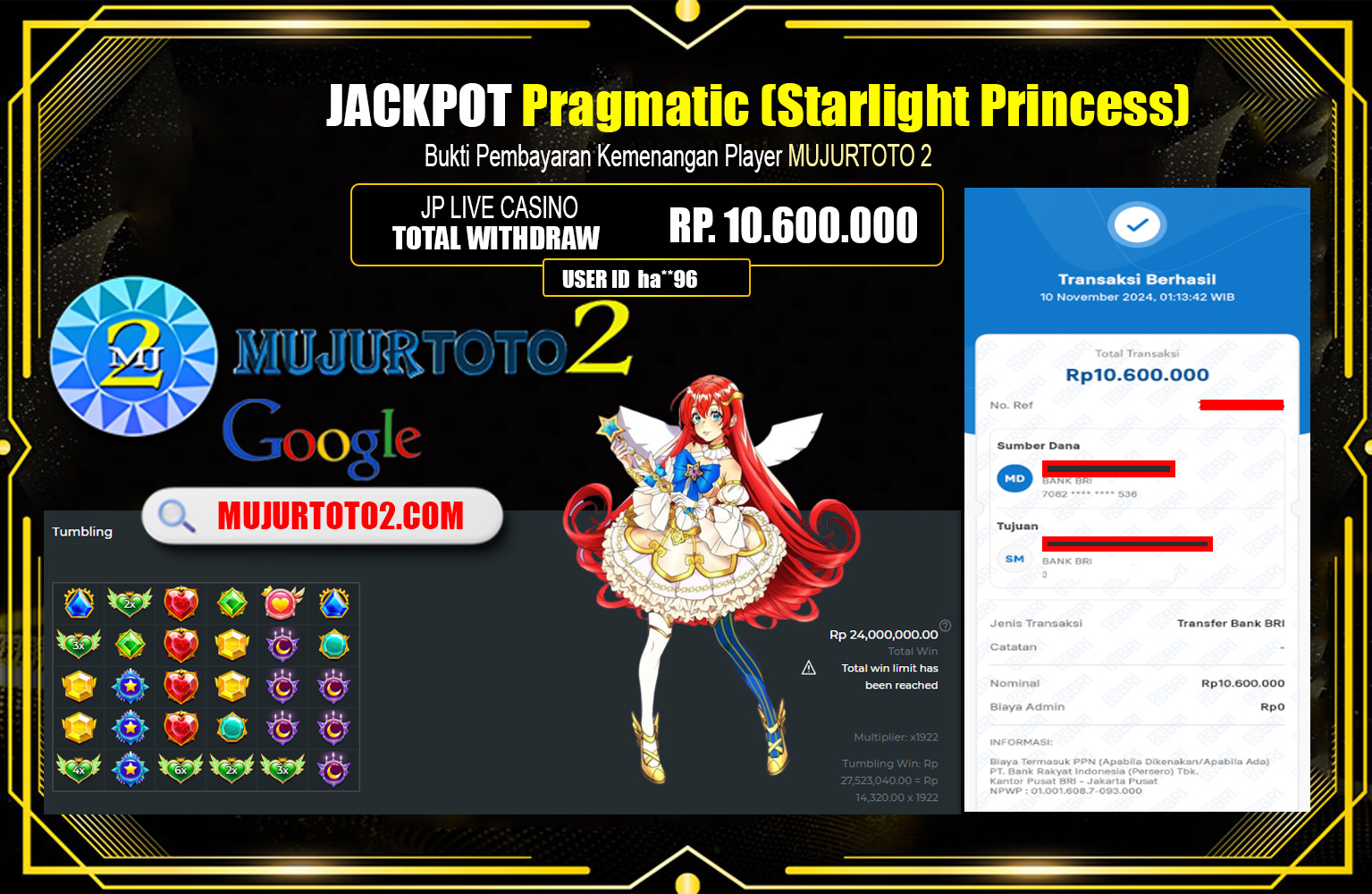 MUJURTOTO2 JACKPOT STARLIGHT PRINCESS  Rp.10.600.000,- LUNAS