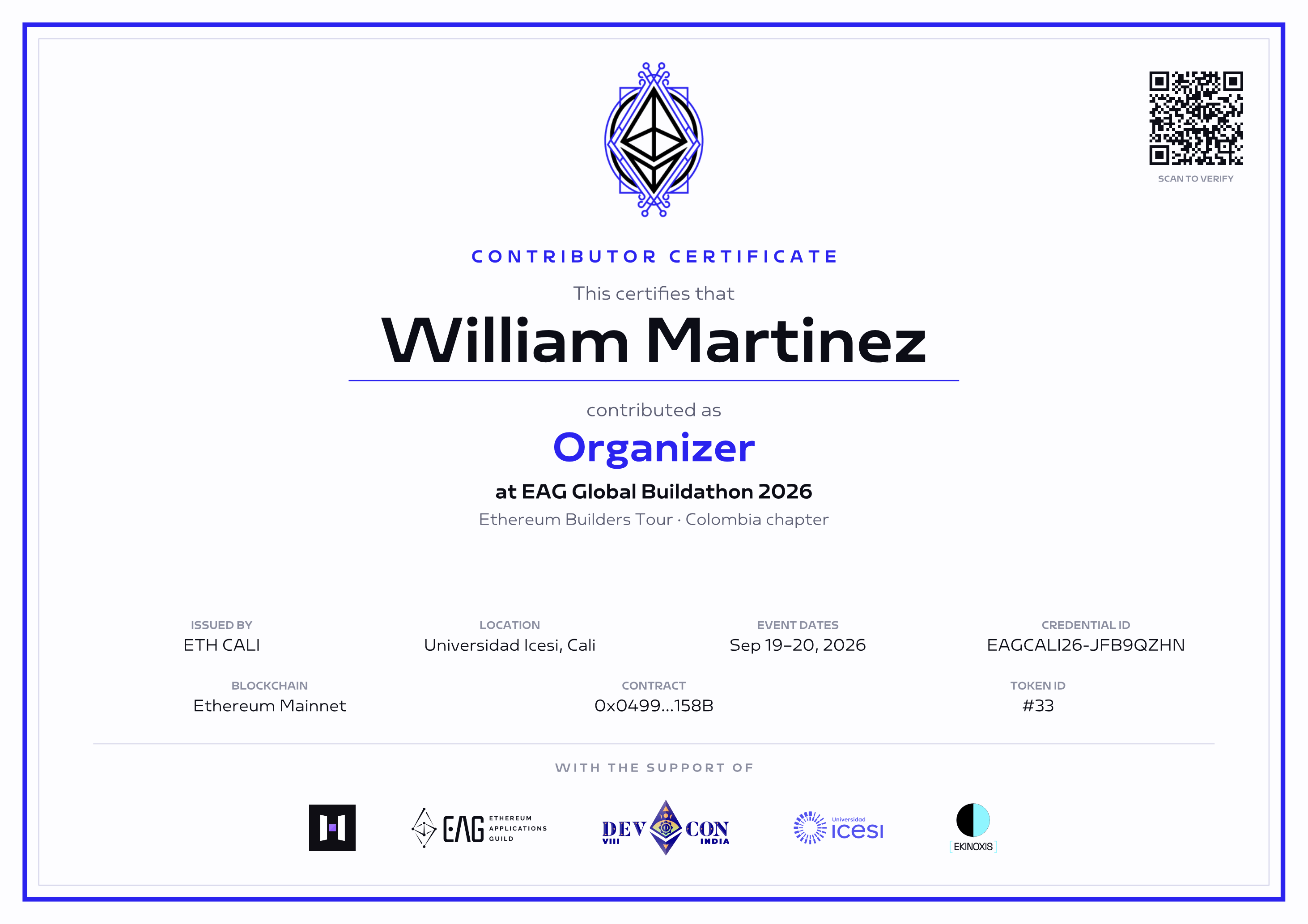 Organizer certificate — William Martinez