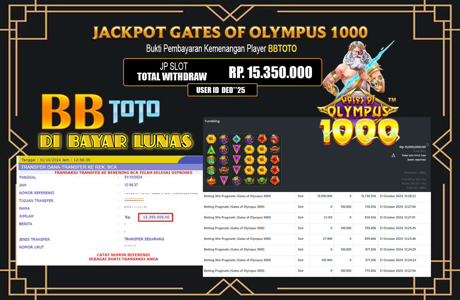 ??? BBTOTO JACKPOT GATES OF OLYMPUS 1000   Rp.15.350.000,- LUNAS ⏪⏪⏪