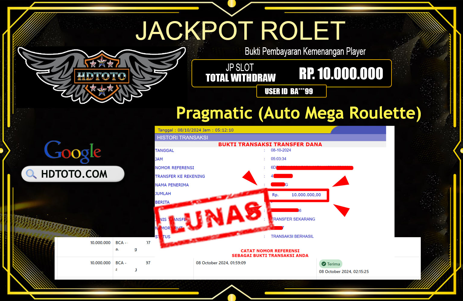 HDTOTO  JACKPOT KE 2 ROLET Pragmatic (Auto Mega Roulette)   Rp.10.000.000.,- LUNAS