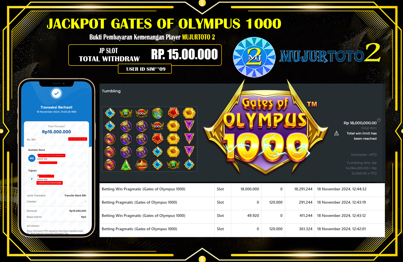 MUJURTOTO2 JACKPOT GATES OF OLYMPUS 1000  Rp.15.000.000,- LUNAS