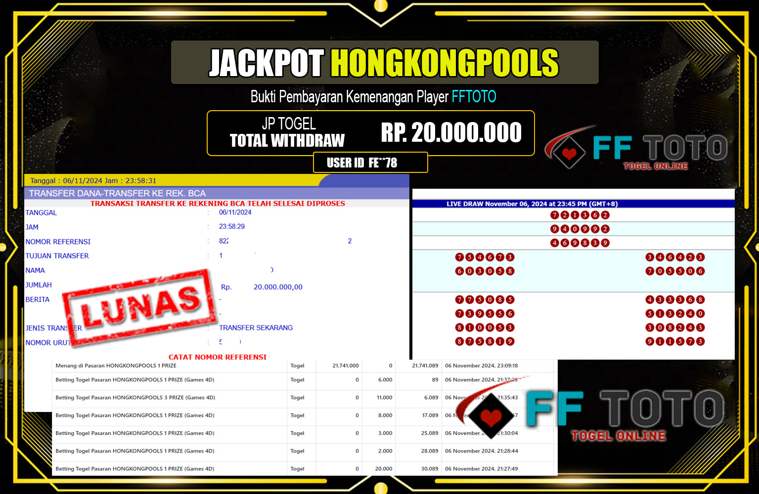 FFTOTO JACKPOT HONGKONG POOLS  Rp.20.000.000,- LUNAS