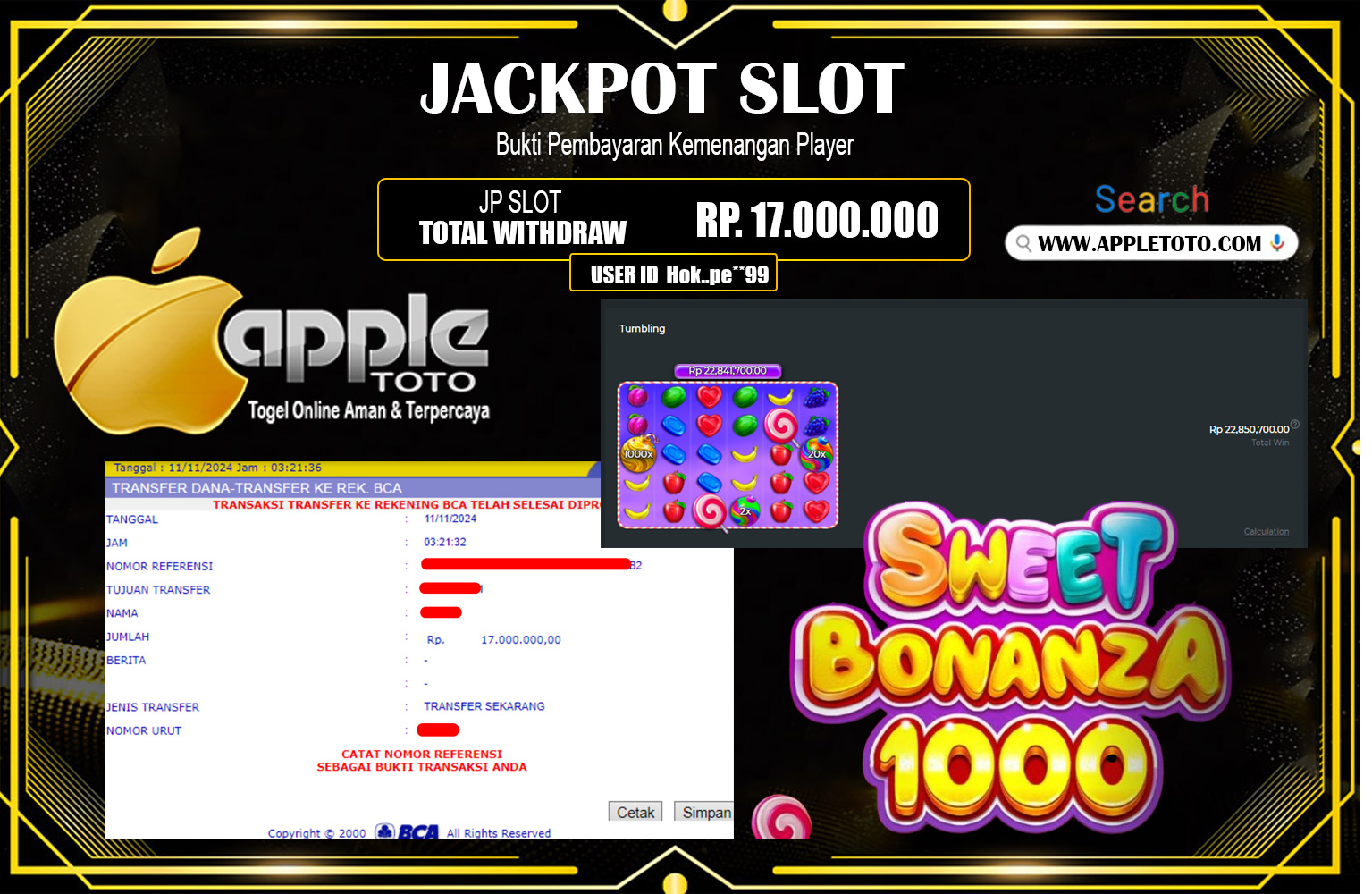 APPLETOTO JACKPOT SWEET BONANZA 1000  Rp.17.000.000,- LUNAS