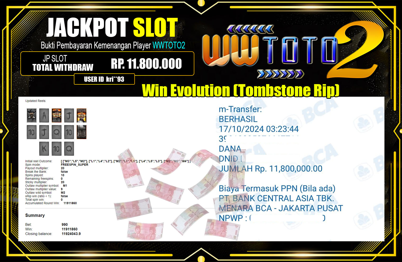 ??? WWTOTO2  JACKPOT SLOT Evolution (Tombstone Rip) Rp.11.800.000,- LUNAS ⏪⏪⏪