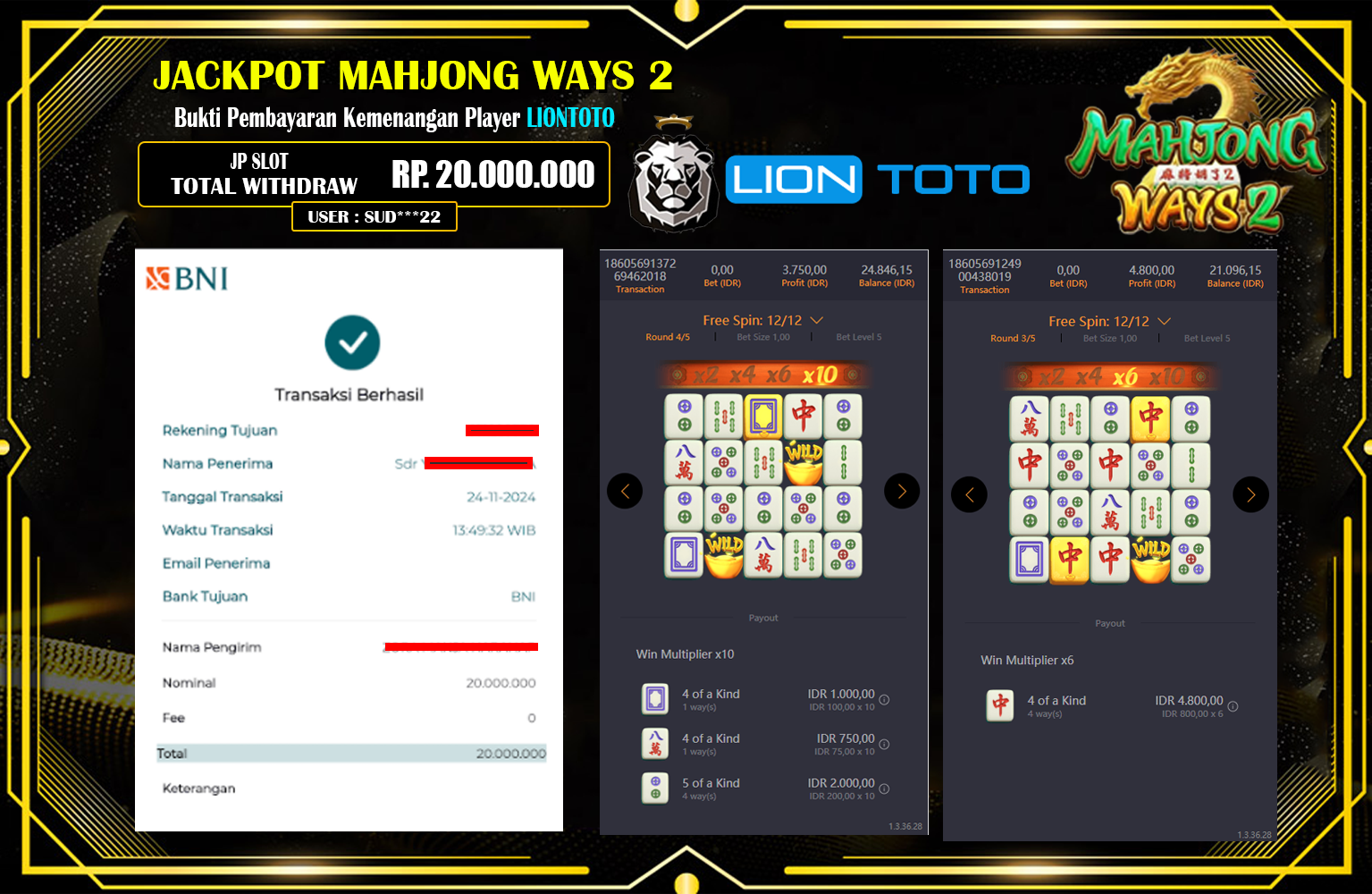 LIONTOTO JACKPOT MAHJING WAYS 2  Rp.20.000.000,- LUNAS