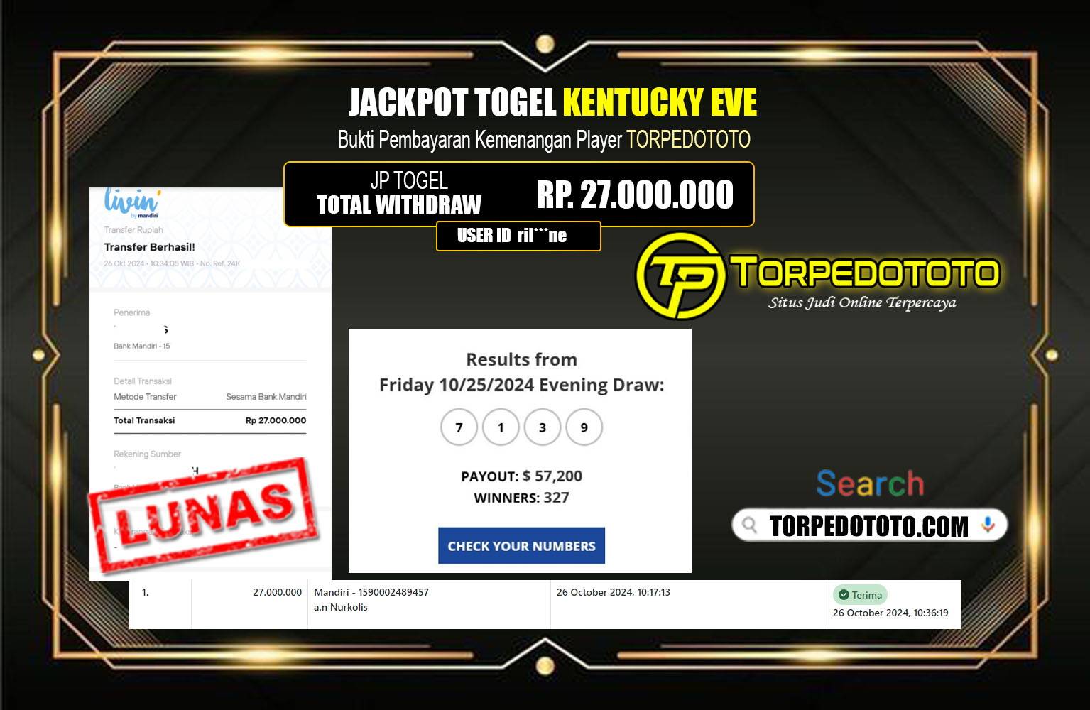 ??? TORPEDOTOTO JACKPOT KENTUCKY EVENING Rp.27.000.000,- LUNAS ⏪⏪⏪