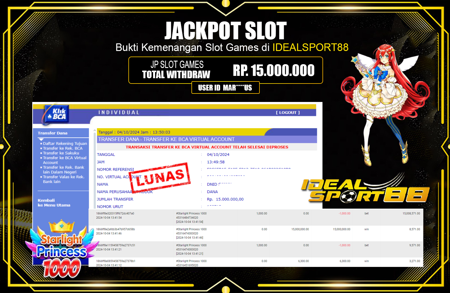 ???IDEALSPORT88 JACKPOT Starlight Princess 1000 Rp.15.000.000,- LUNAS ⏪⏪⏪