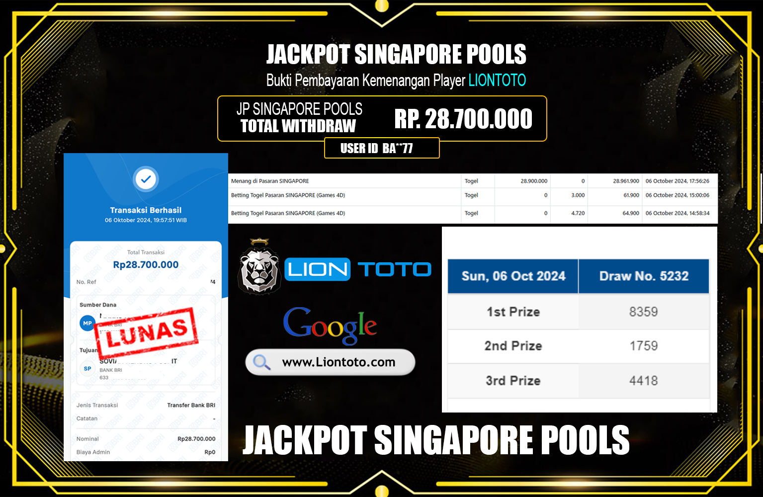 ??? LIONTOTO JACKPOT SINGAPORE POOLS Rp.28.700.000,- LUNAS ⏪⏪⏪