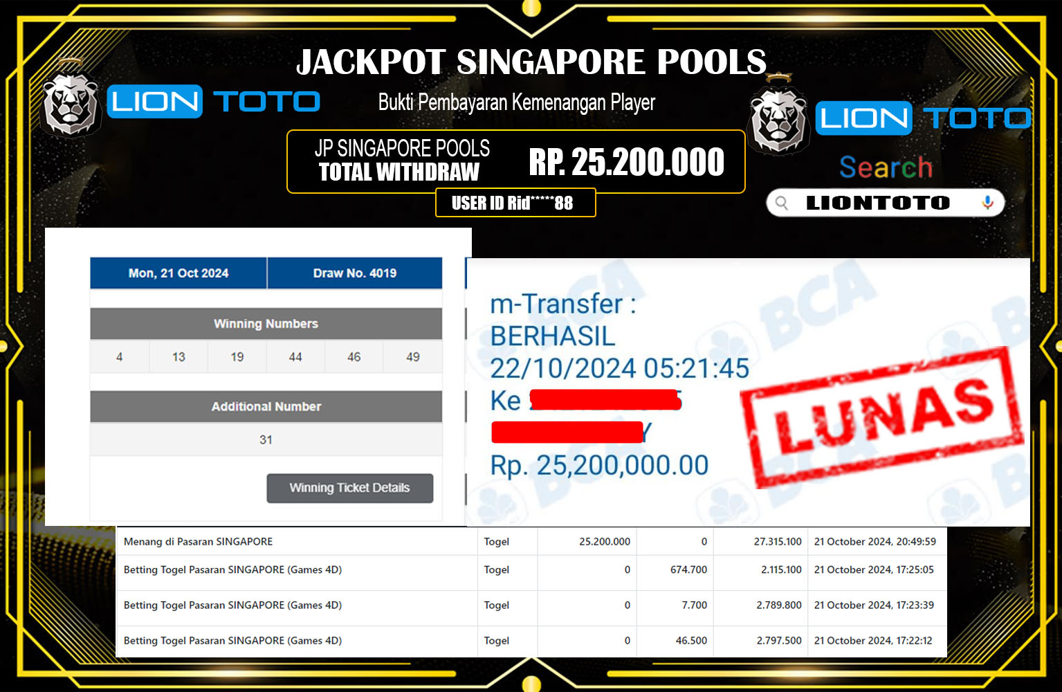 ??? LIONTOTO  JACKPOT TOGEL SINGAPOREPOOLS Rp.25.200.000,- LUNAS ⏪⏪⏪