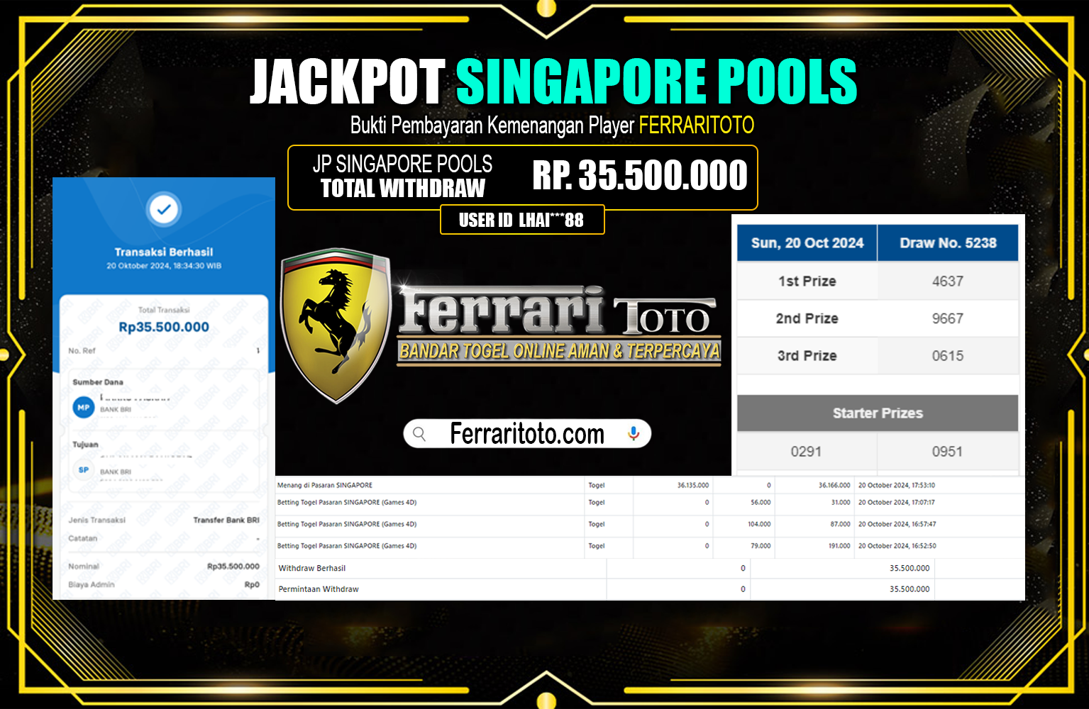 ??? FERRARITOTO JACKPOT SINGAPORE POOLS  Rp.35.500.000,- LUNAS ⏪⏪⏪