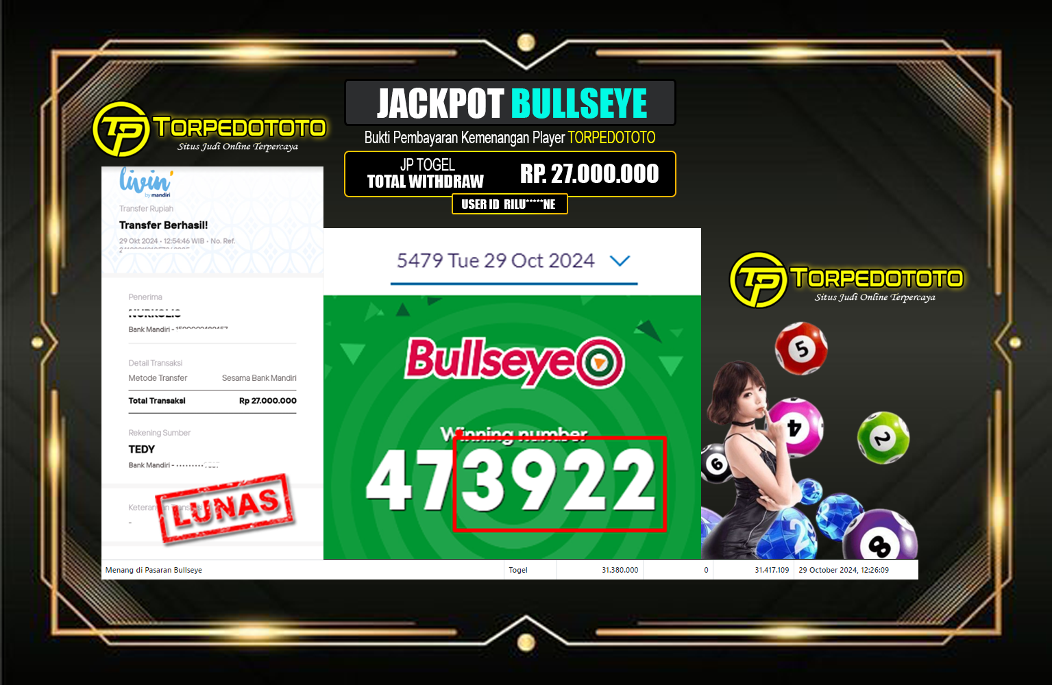 ??? TORPEDOTOTO  JACKPOT BULLSEYE   Rp.27.000.000,- LUNAS ⏪⏪⏪