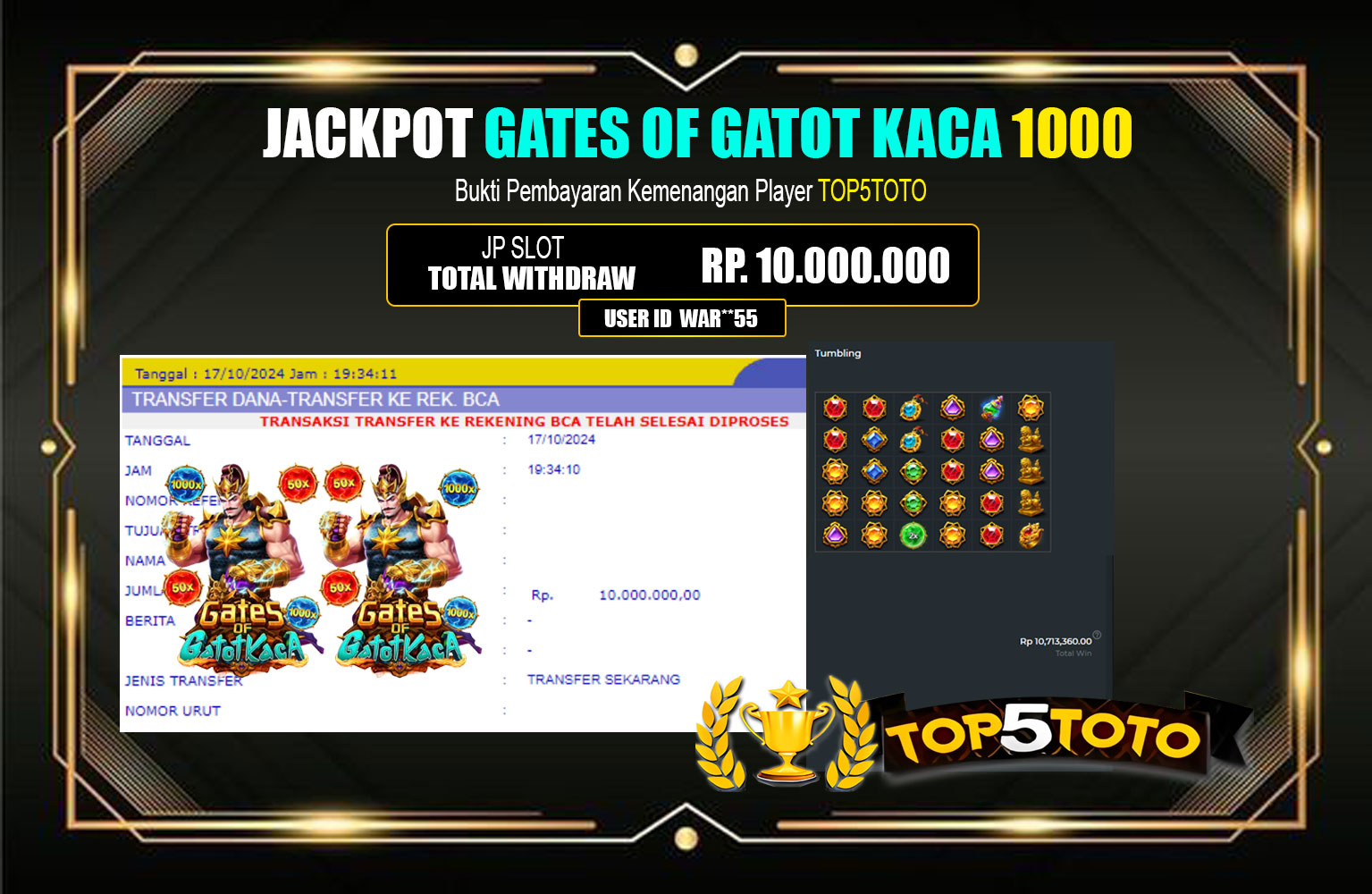 ??? TOP5TOTO JACKPOT GATES OF GATOT KACA 1000 Rp.10.000.000,- LUNAS ⏪⏪⏪