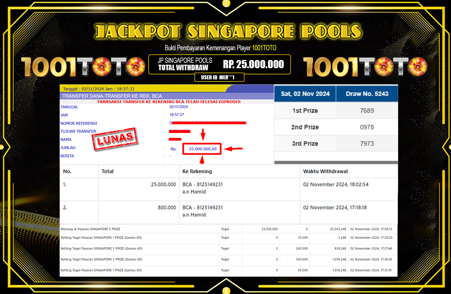 1001TOTO JACKPOT SINGAPORE POOLS  Rp.25.000.000,- LUNAS