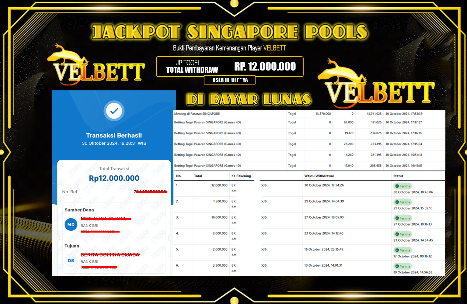 ??? VELBETT JACKPOT SINGAPORE POOLS   Rp.12.000.000,- LUNAS ⏪⏪⏪