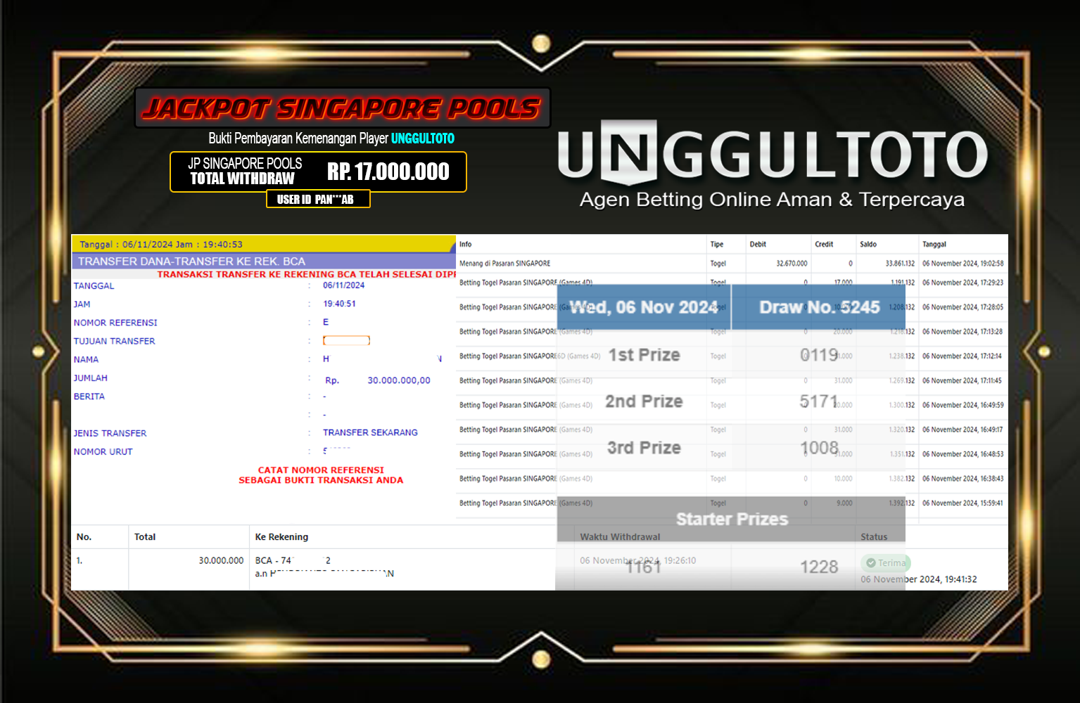 UNGGULTOTO JACKPOT SINGAPORE POOLS  Rp.30.000.000,- LUNAS