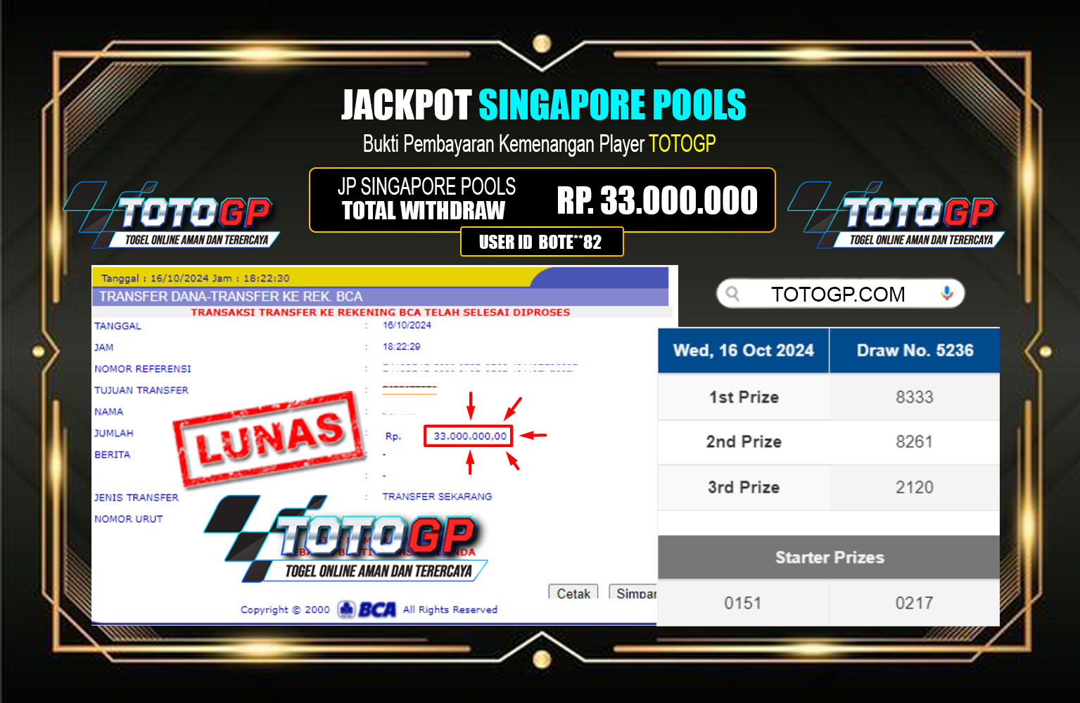 ??? TOTOGP JACKPOT SINGAPORE POOLS Rp.33.000.000,- LUNAS ⏪⏪⏪