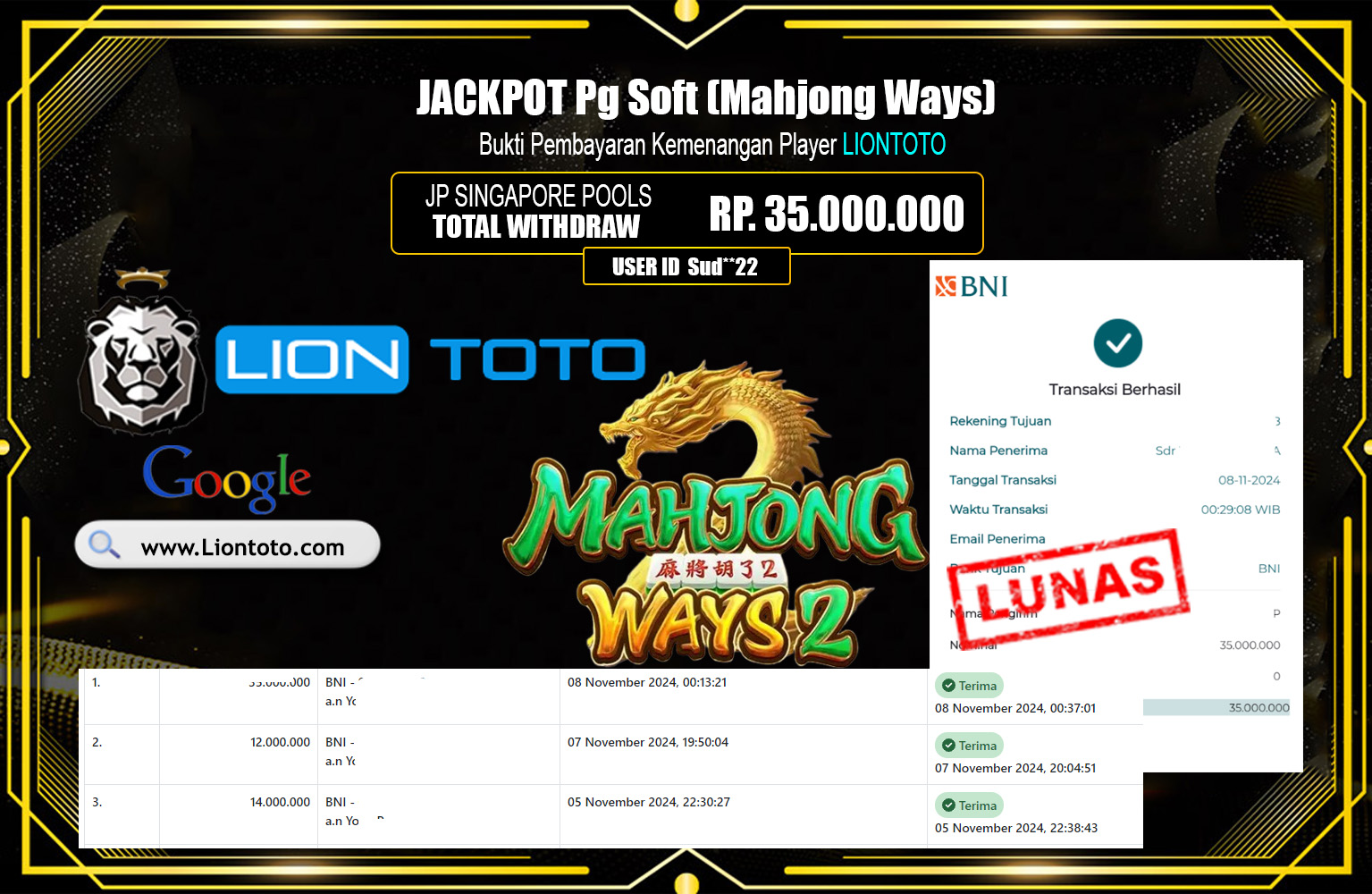 LIONTOTO JACKPOT MAHJONG WAYS  Rp.35.000.000,- LUNAS