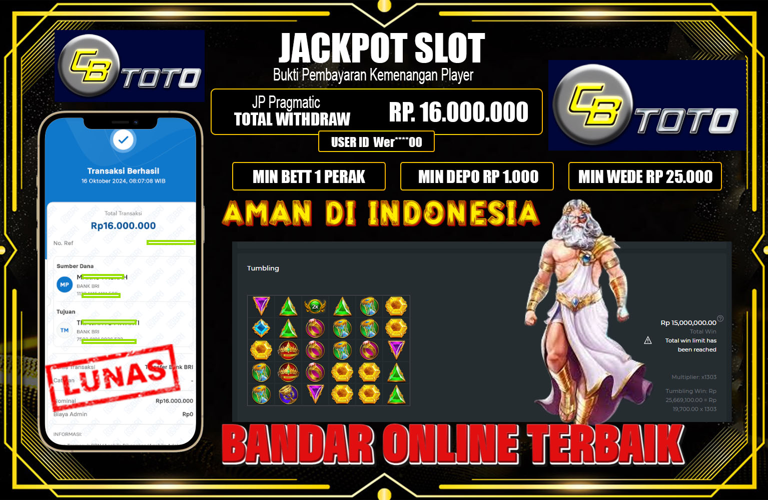 ??? CBTOTO JACKPOT SLOT Pragmatic (Gates of Olympus 1000) Rp.16.000.000,- LUNAS ⏪⏪⏪