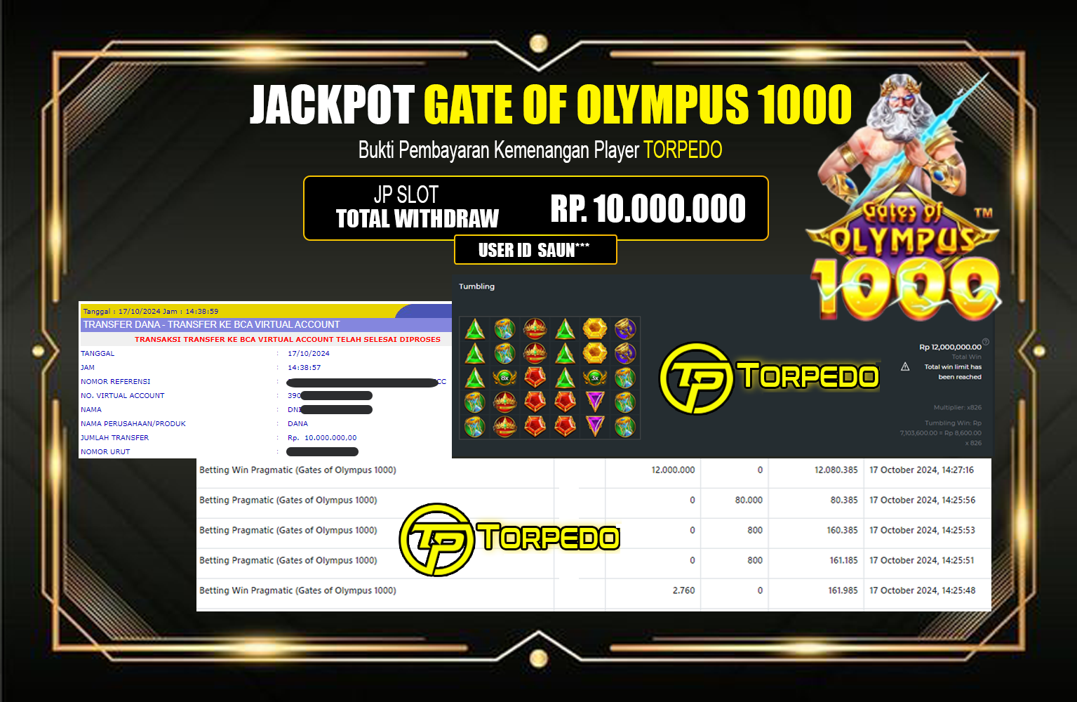 ??? TORPEDO JACKPOT GATE OF OLYMPUS 1000 Rp.10.000.000,- LUNAS ⏪⏪⏪