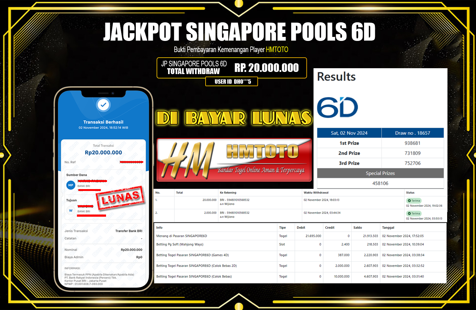 HMTOTO JACKPOT SINGAPORE6D  Rp.20.000.000,- LUNAS