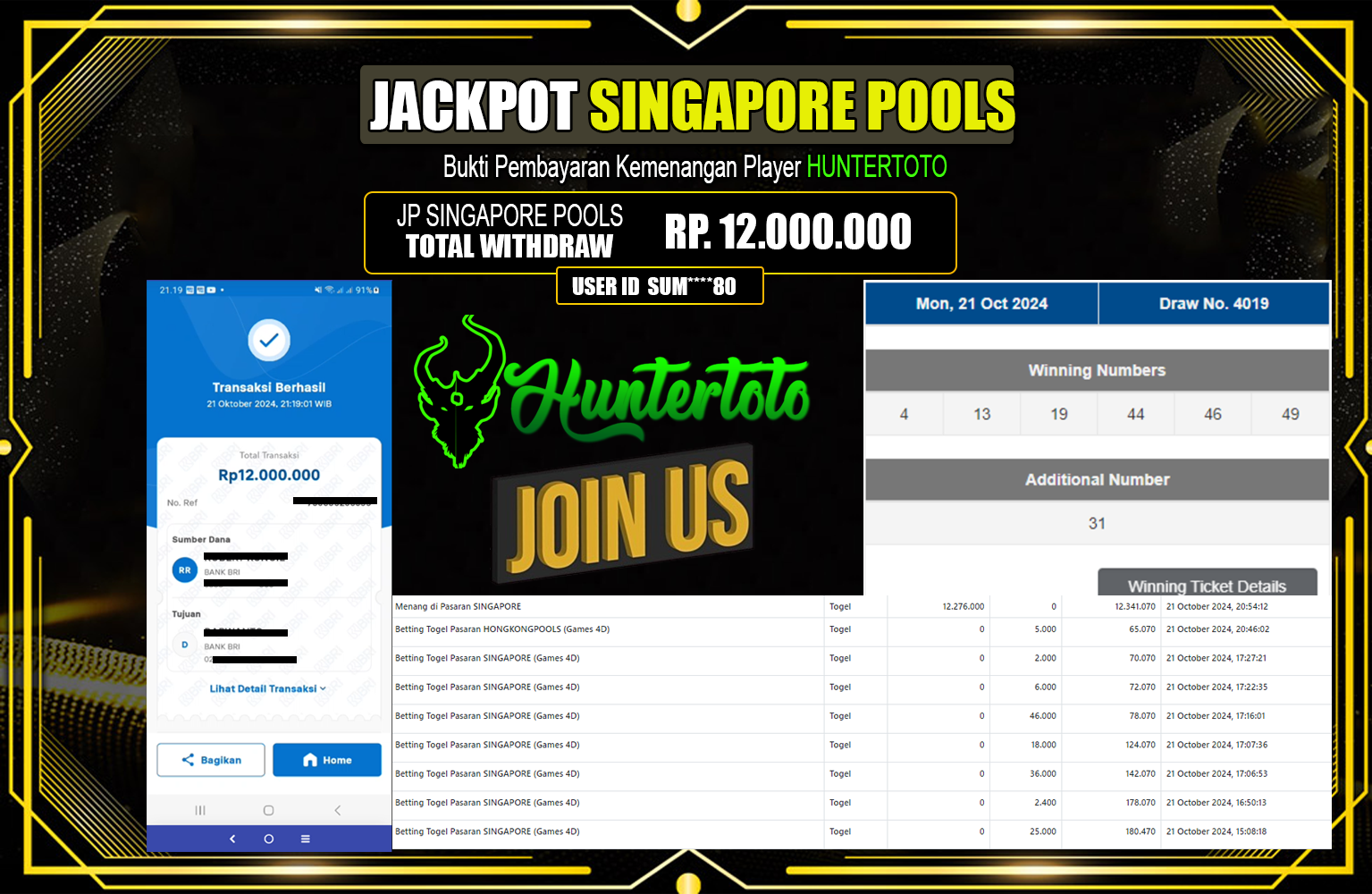 ??? HUNTERTOTO  JACKPOT SINGAPORE POOLS   Rp.12.000.000,- LUNAS ⏪⏪⏪