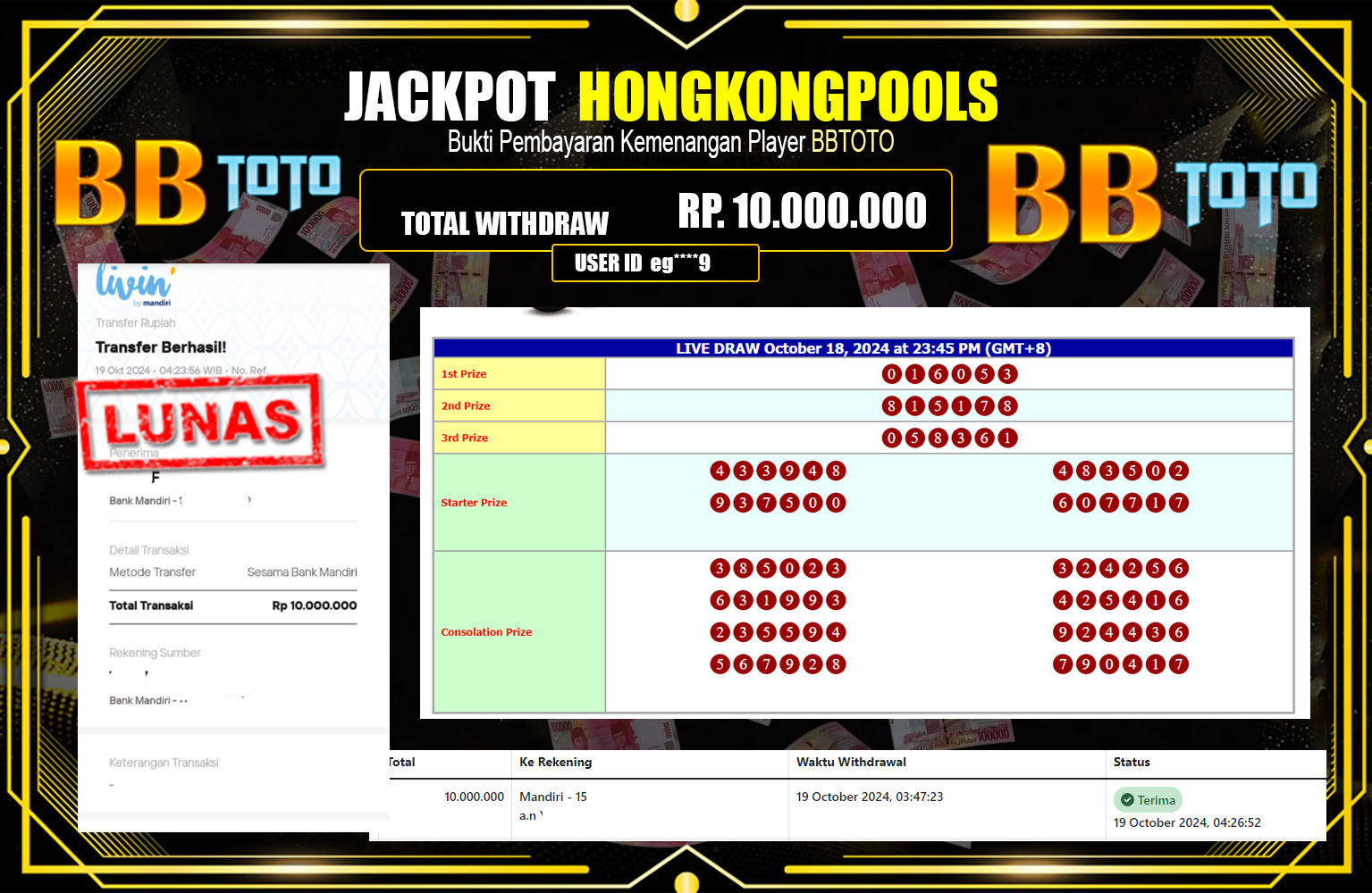 ??? BBTOTO  JACKPOT TOGEL HONGKONGPOOLS Rp.10.000.000,- LUNAS ⏪⏪⏪