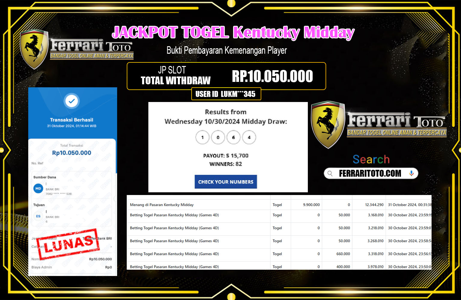 ??? FERRARITOTO JACKPOT TOGEL KENTUCKY MIDDAY Rp.10.050.000,- LUNAS ⏪⏪⏪