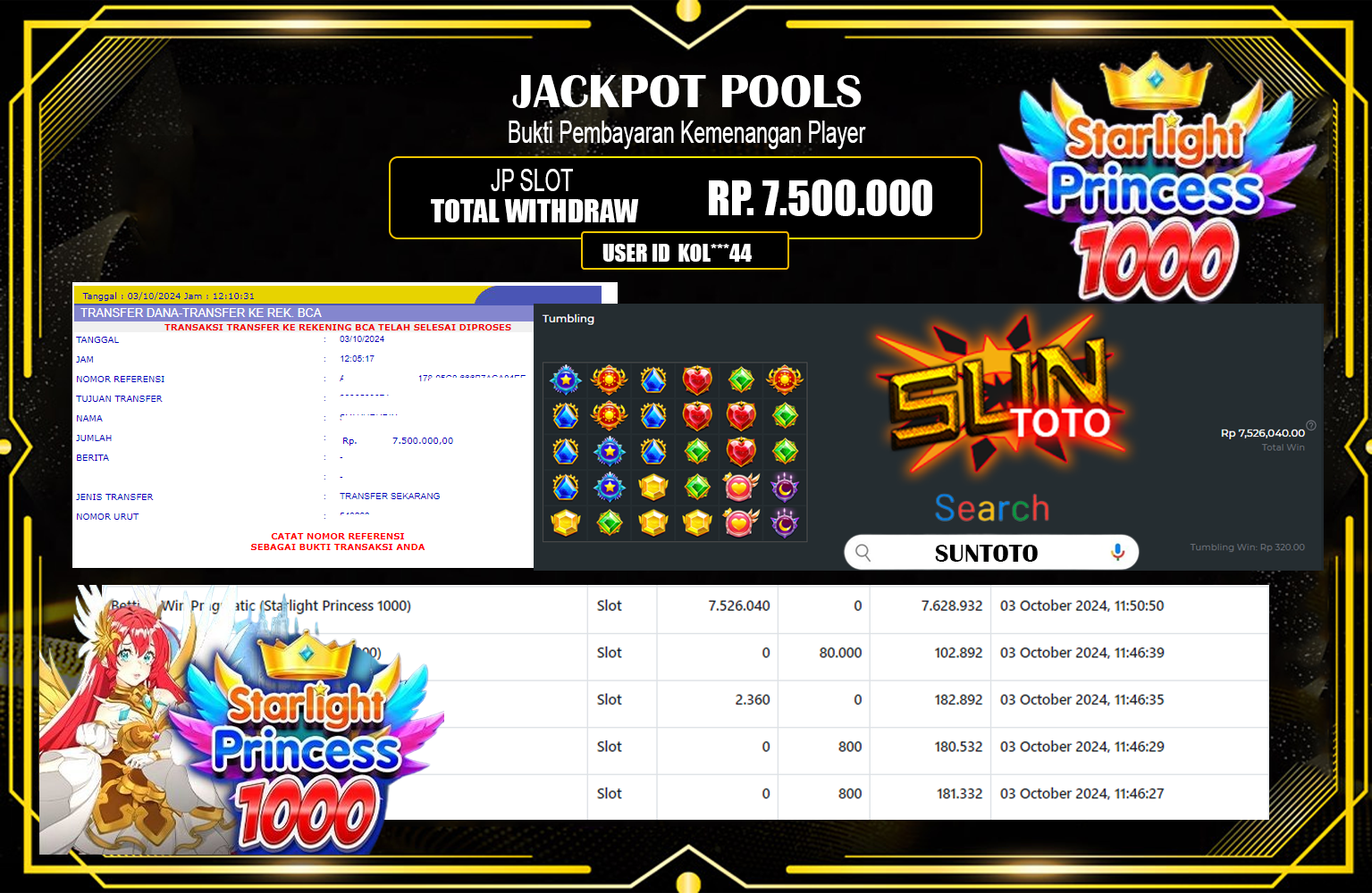 ??? SUNTOTO JACKPOT Starlight Princess 1000 Rp.7.500.000,- LUNAS ⏪⏪⏪