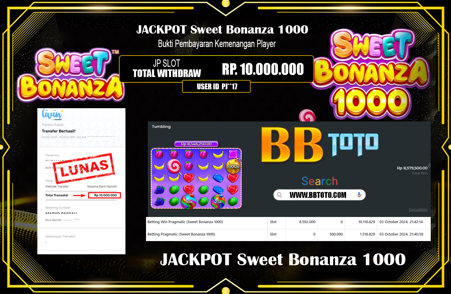 ???BBTOTO JACKPOT Sweet Bonanza 1000 Rp.10.000.000,- LUNAS ⏪⏪⏪