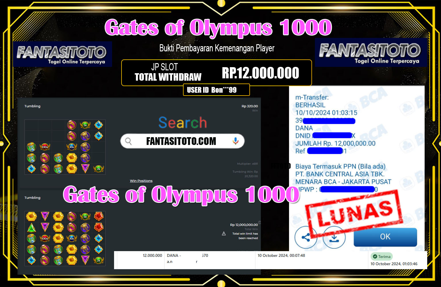 FANTASITOTO JACKPOT Pragmatic (Gates of Olympus 1000)  Rp.12.000.000.,- LUNAS