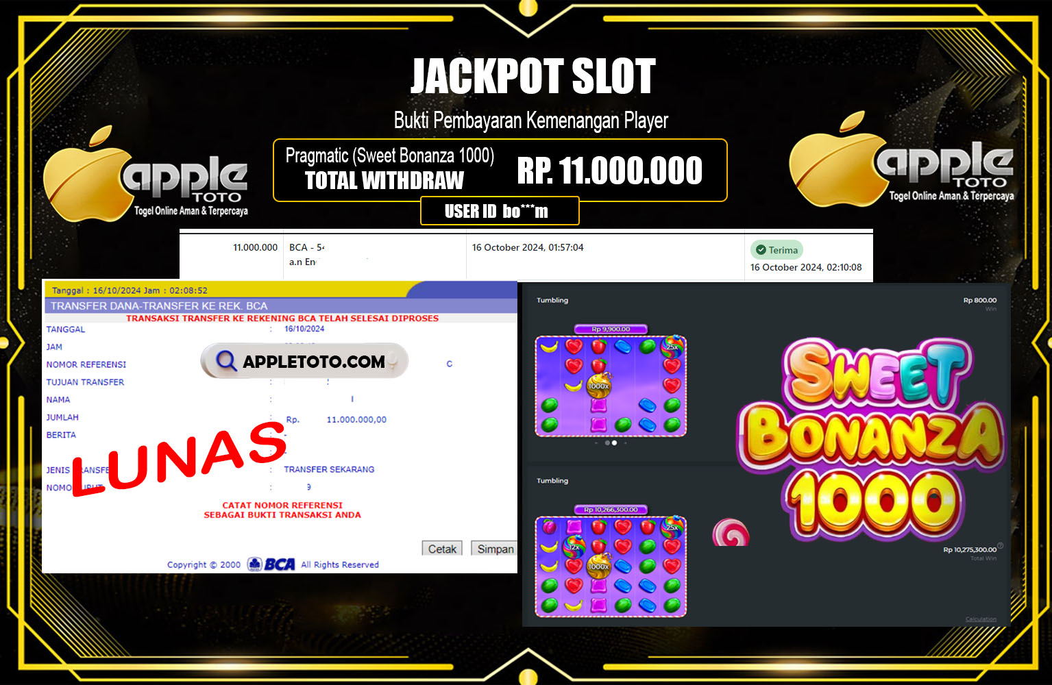 ??? APPLETOTO  JACKPOT SLOT Pragmatic (Sweet Bonanza 1000)  Rp.11.000.000,- LUNAS ⏪⏪⏪