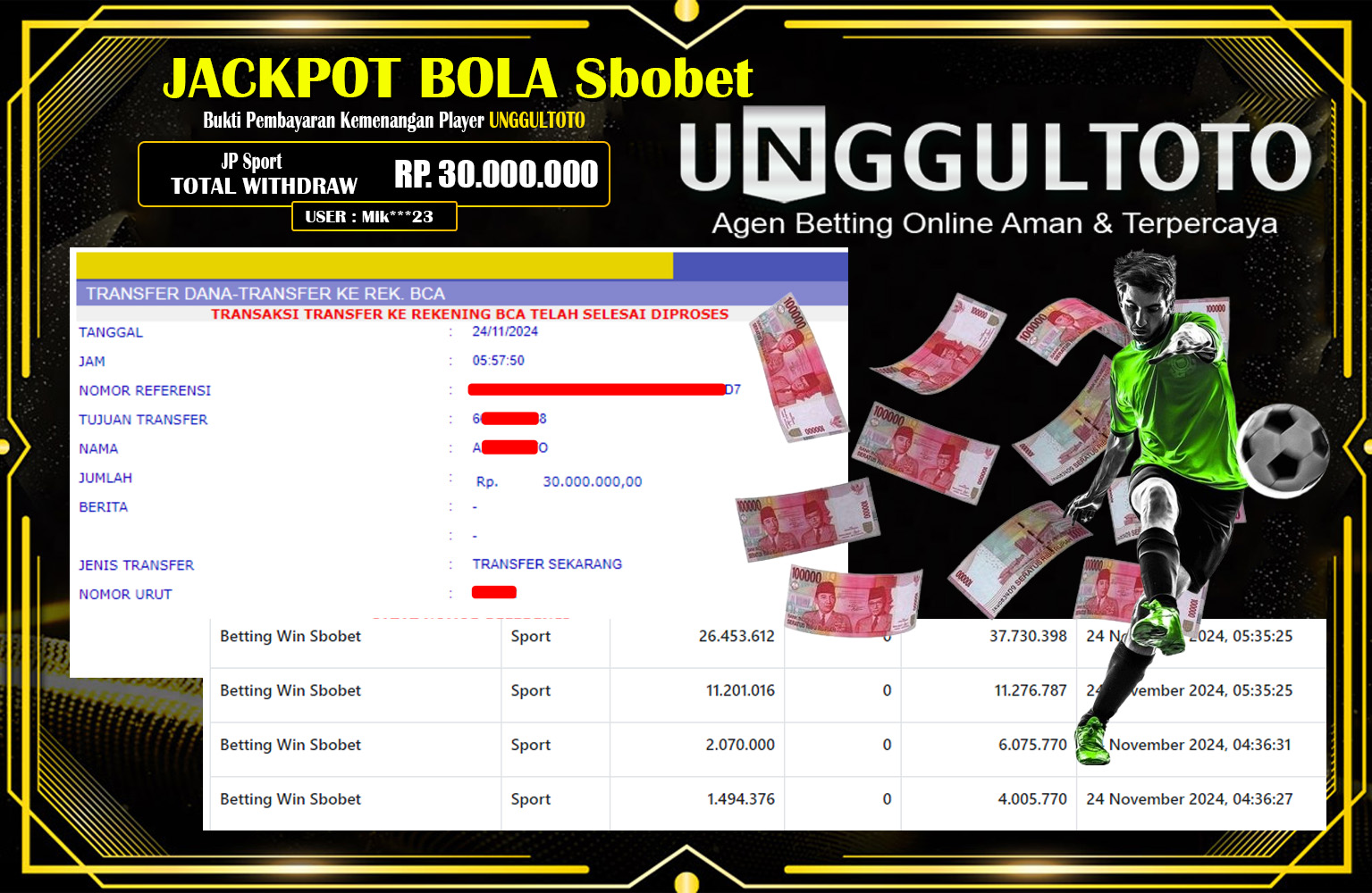 UNGGULTOTO JACKPOT SPORT SBOBET  Rp.30.000.000,- LUNAS